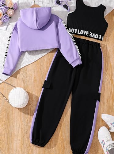 Hilinker Girls Graphic 3 Piece Outfits Workout Hoodie Crop Tank and Sweatpants Set2