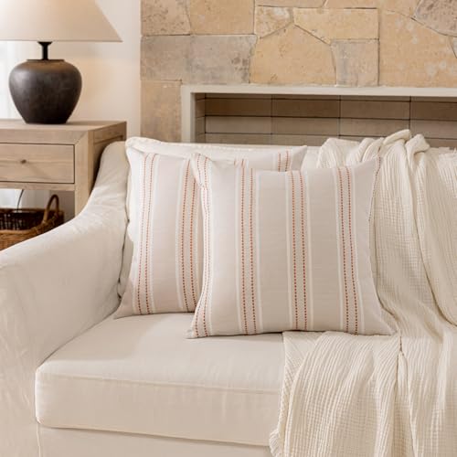 Image of Hckot Throw Pillow Covers 18x18 Set of 2 Rust Pillow Covers Farmhouse Decorative Pillows Textured Linen Square Cushion Covers for Sofa Couch Bed Living Room Decor(Rust)