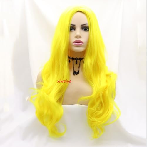 Xiweiya Ombre Yellow Wavy Synthetic Wigs Middle Part Long Wavy Yellow Wig Heat Resistant Fiber Half Hand Tied Wig For Women 24inch