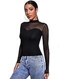 DIDK Damen Mesh Langarmshirt Stehkragen Einfarbig Elegant Shirt Oberteile Durchsichtiges Netz Langarm T-Shirt Casual Schwarz#11 L