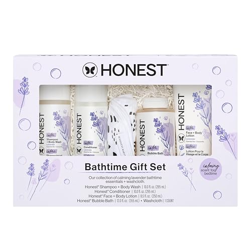 Image of The Honest Company Calming Lavender Bathtime Gift Set Hypoallergenic Bath Essentials for Sensitive Baby Skin Shampoo and Body Wash Face Lotion Bubble Conditioner Cloth