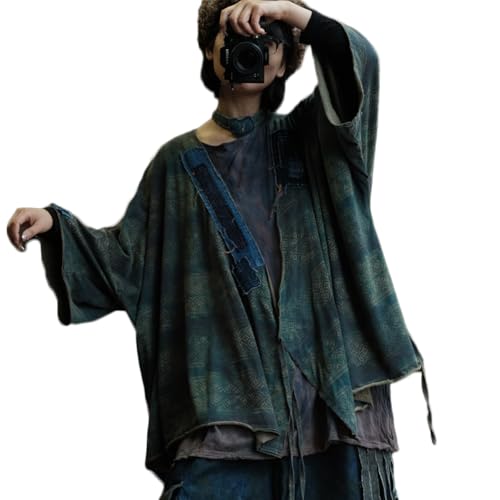 Women Vintage Style Geometric Pattern Cardigan Distressed Denim Look Kimono Shirt