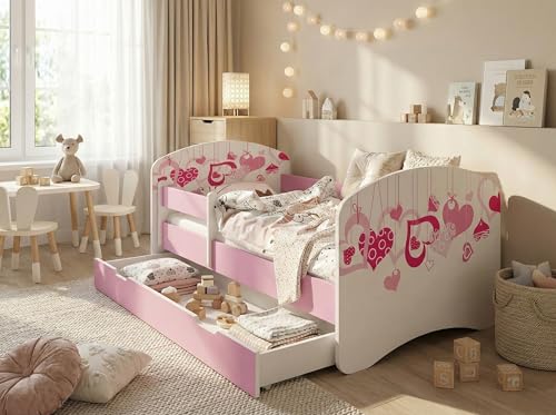 Happy Babies Lit pour enfant, avec protection anti-chute et tiroir de lit, pour fille, 160 x 80 cm, avec matelas de 80 x 160 cm, blanc et rose