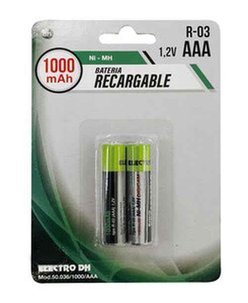 Pila Recargable AAA 2ud 1000mAh R-03 para Dispositivos electrónicos, Control Remoto y Juguetes.