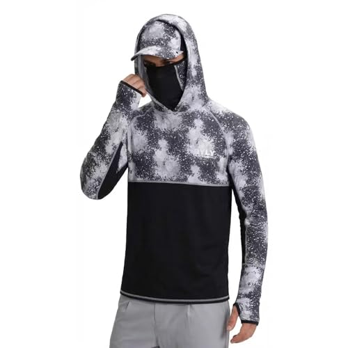 Men's Fishing Shirts with Mask Cap Sun Protection Hoodie Rash Guard Shirts Long Sleeve UPF 50+ Hiking Shirt(L) Dark Grey