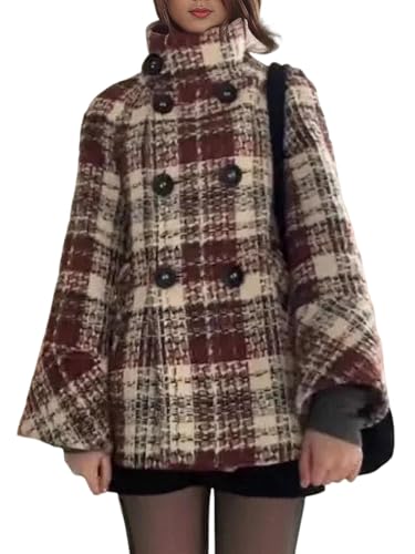 Image of utcoco Womens Plaid Tweed Jacket Double Breasted Pea Coat Wool Coats with Pocket 2025 Christmas (Small, Red)