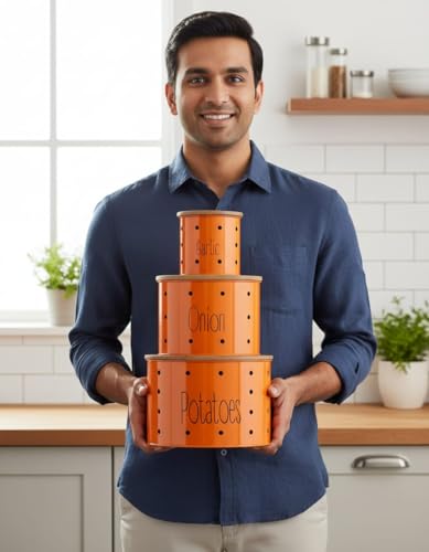 Image of Set of 3 Potato Onion & Garlic Storage Container For Kitchen | Storage Container For Kitchen Storage with Lid. (Orange)