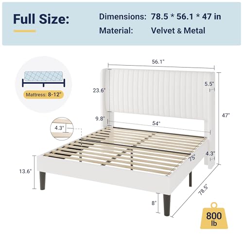 Image of Allewie Full Size Velvet Bed Frame /Vertical Channel Tufted Wingback Headboard /Upholstered Platform Bed /Strong Wooden Slats /No Box Spring Needed /Easy Assembly /White