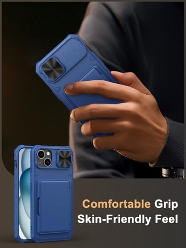 Image of Vihibii for iPhone 15 Plus, iPhone 14 Plus Back Cover Wallet with Card Holder (4 Cards) [RFID Blocking] & Slide Camera Cover, Military Grade Drop Protection, Rugged Back & Silicone Case, 6.7 inch, Blue