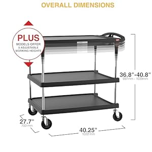 Metro myCart Plus Utility Cart Choose Your Height Adjustable Heavy Duty Rolling Cart for Home Commercial and Industrial Use 3 Shelf 500 lbs Capacity 277 W x 4025 L x 368 408 H Black