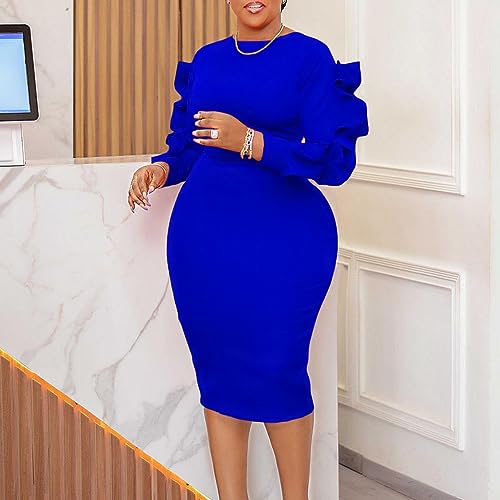 Plus Size Midi Pencil Dress for Women Elegant Ruffle Sleeve Round Neck Bodycon Cocktail Party Formal Dress2