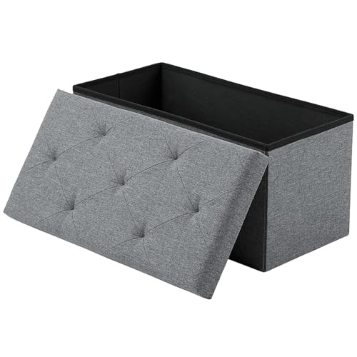 Sweetcrispy Folding Storage Ottoman Bench 30 Inch, End of Bed Foot Rest Stool Chest Organization Small Organizer Foldable Padded Seat Linen Cloth Load 660lbs for Bedroom Living Room Dorm, Grey