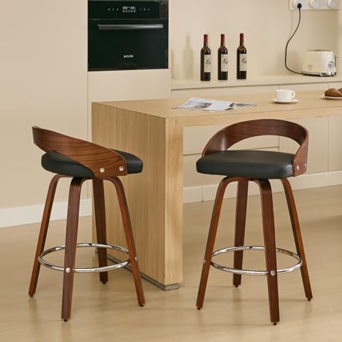 Butaco giratorio de 25 pulgadas con respaldo bajo, set de 2, estilo mid-century moderno, tapizado en cuero sintético negro, patas de madera nogal, para isla de cocina o comedor miniatura 1