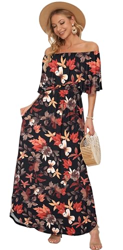 Image of AUSELILY Womens Off Shoulder Ruffle Split Summer Maxi Dresses with Pockets | Off-shoulder Ruffle dress with empire waist & side split for summer beach and casual parties