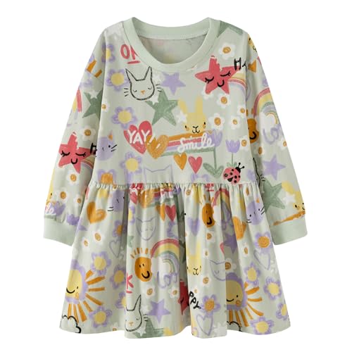 Little Girls Cotton Long Sleeve Casual Dress Toddler Kids Cartoon Floral Print Jersey Dresses 24M-7Yrs