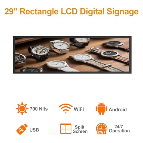 Image of 29 Inch Rectangle Digital Signage, 700nits High Brightness LCD Monitor Advertising Display,Indoor Digtal Signage, CMS /U-Disk Plug&Play, Smart Split Screen, 24 /7 Operation, HDMI /USB /WiFi /Android System