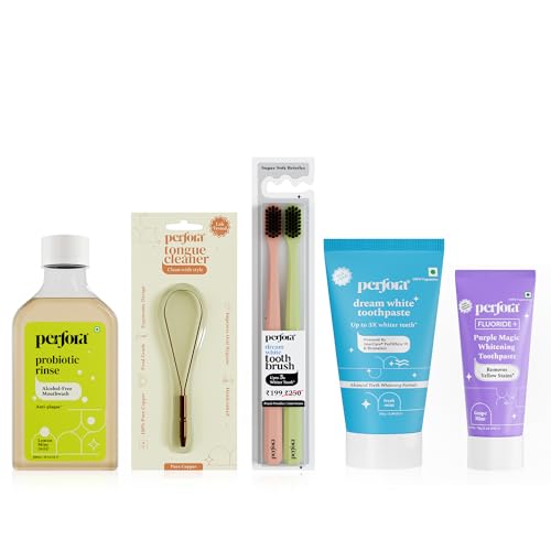 Image of Perfora Dual Whitening Pro Pack - Ultimate combo of Dream White & Purple Magic Teeth Whitening Toothpaste, 100% Pure Copper Tongue Cleaner, Alcohol Free Lemon Mint Mouthwash & Pack of 2 Toothbrushes
