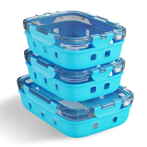 NAVERIT Récipients hermétiques pour aliments avec couvercle en silicone | Set de couvercles en verre et plastique | Boîte à déjeuner en verre (2 x 370 ml + 1 x 640 ml)