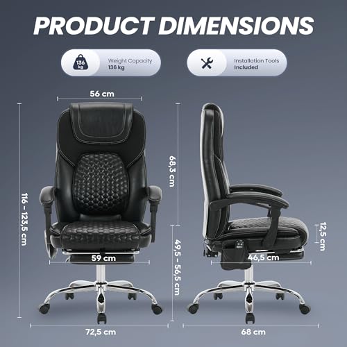 COLAMY Executive Office Chair with Footrest - Ergonomic High Back Design, Thick PU Leather Computer Chair with Removable Lumbar Pillow, Recliner Gaming chair for Home Office Work Comfort(Khaki) - Image 4
