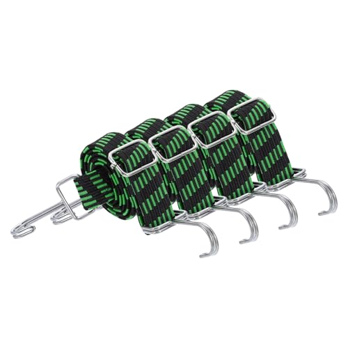 Image of uxcell 4Pcs Adjustable Bungee Cords with Hooks, 39 Inch Flat Heavy Duty Elasticity Straps Rubber Bungee Cords with Buckle for Outdoor, Camping, Tarp, Bike Rack, Luggage, Black Green