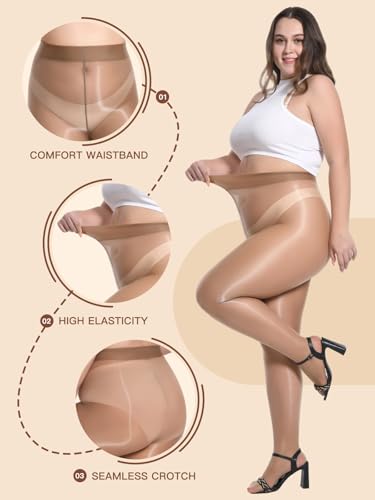 Image of MANZI Women's Plus Size Shimmer Glossy Sheer Tights Seamless Shiny Silk reflections Pantyhose Oil Pearlescent Stockings
