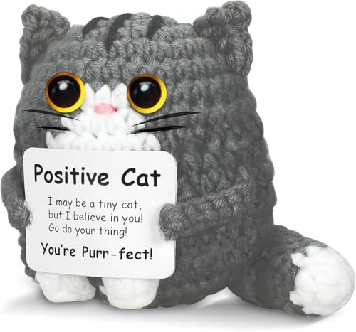 AHANKERE Emotional Support Positive Crochet Cat Animal Emotional Support Crochet Cat Easter Basket Gift for Women Men Funny Mini Birthday Cute Cat Decor Mom Grandma Daughter Son Friends