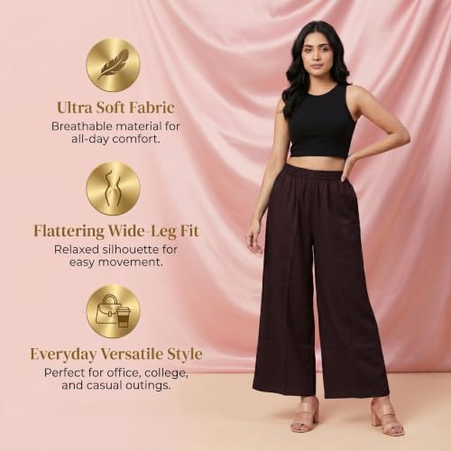 Image of Plaazo Women's Cotton Palazzo | Wide Leg Palazzo for Women | Soft Breathable High Waist Bottom Wear | Comfortable Casual, Office, Travel for Women