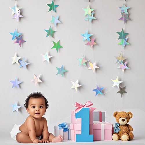 Image of Iridescent Shining Star Hanging Garland Iridescent Hanging Sparkling Star Streamer Glitter Bunting Banner Twinkle Backdrop for Wedding Baby Shower Birthday Christmas Decorations 40 Feet