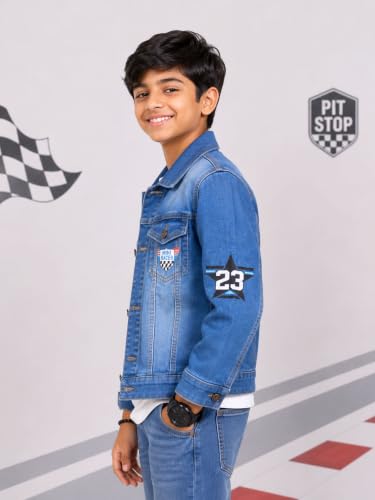 Image of KiddoPanti Boys Denim Jacket | Cotton Poly Blend with Spandex | Washed Denim, Full Sleeve | Button Closure & Front Flap Pockets | Collared Neck