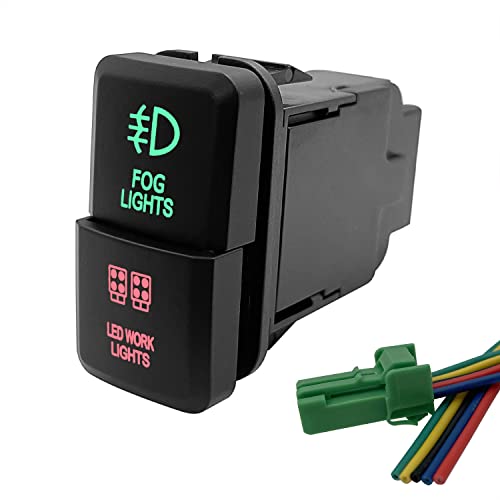 Image of Fog Lights & LED Work Lights Dual Push Button Switch with Wiring Connector Green & Red ON /Off Push Switch for Toyota Tundra Tacoma 4Runner Landcruiser 39mm X 21mm