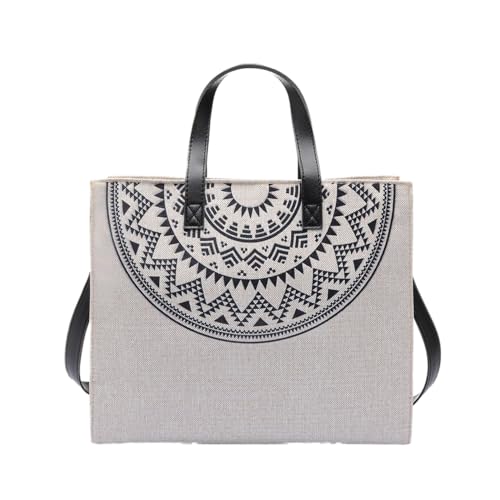 Girly Women’s Linen Tote Bag, Artistic Circle Embroidery Design, Premium Leather Handles and Adjustable Strap, Everyday Hand & Shoulder Bag for Work University or Casual Outings - Biege & Black