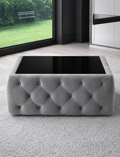 Image of Premium Tufted Upholstered Coffee Table with Mica Top - Modern Square Ottoman Center Table, Soft Velvet Finish, Luxury Living Room Furniture - 30 x 30 x 18 Inch (Grey)