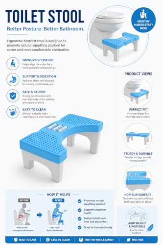Image of TechHark Toilet Step Stool with Massage Rollers, Foldable Design, 18 cm Height, Promotes Natural Squatting Position (Grey and Blue)
