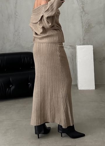 Image of Unybwonn Skirt Sets Women 2 Piece Outfits off the Shoulder Sweater and Knitted Skinny Maxi Skirts Fall Casual Outfits
