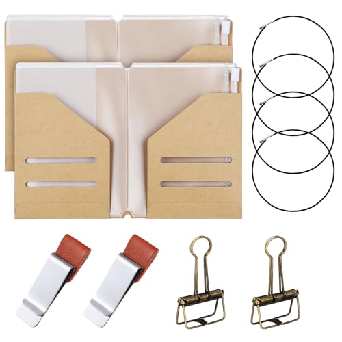 Travelers Journal Notebook Accessories Kit Include Travel Kraft File Folder Zipper Case Pen Holder Binder Clip and Elastic Bands Travel Accessories Supplies(2 Pack Passport Size)
