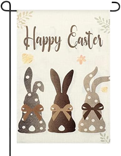 Happy Easter Bunnies Garden Flag 12 x 18 Inch Rabbit Garden Flag Double Sided Spring Garden Flag Burlap Small Polka Dots Brown Welcome Holiday Yard Flag for Easter Spring Holiday Outdoor Decor