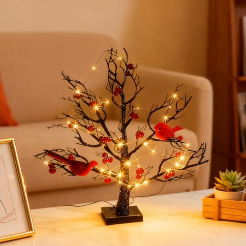 Dragon Honor Vintage Glowing Tree with Cardinals 21in Battery Operated Twinkle Trees Lamp Warm White Light Black Stand Base