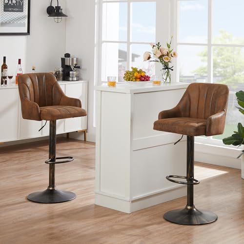 Image of VECELO Bar Stools Set of 4, Adjustable Barstools, Counter Height Stools with Back and Arm, Kitchen Island Stools, Swivel PU Chairs for Pub, Dining Room, Industrial Style, Brown