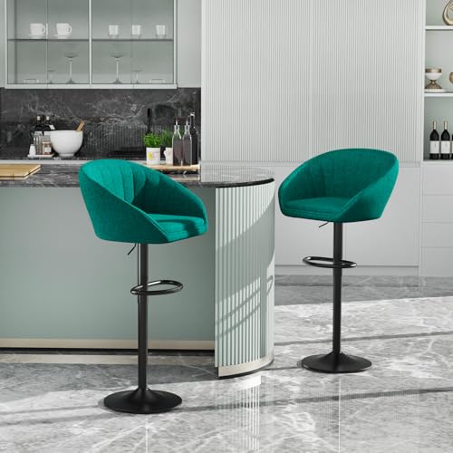 Juego de 2 Taburete de Bar, Taburetes Altos de Cocina Con Respaldo, Taburetes Altos Ajustable 59-102 cm, Silla de Cocina Tasburete Alto de Tela, Silla de Bar para Cocina Bar Comedor (verde)