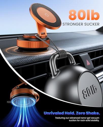 Image of Jononser Magnetic Car Phone Mount,Zinc Alloy Foldable Holder with Strong Nano-Gel Adhesion & N52 Magnet, 360 Adjustable Dashboard /Windshield Phone Holder for iPhone 17 /16 /15 /14 /13 /12,Golden Orange