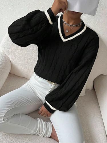 Image of ZAFUL Women's Cropped Sweater V-Neck Long Sleeve Pullover Jumper Knit Top | Crop Length, Ribbed Knit, Double V design, White sweater, Raglan sleeves, lantern sleeve, Fall & Winter, Loose fit, Oversized