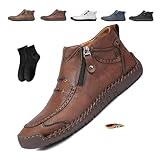 NoworFewer Men’s Slip-On Orthopedic Leather Boots,Men’s Handmade Premium Leather Slip-On Driving Boots,Men Side Zipper Orthopedic Shoes for Driving Hiking (Brown,11)