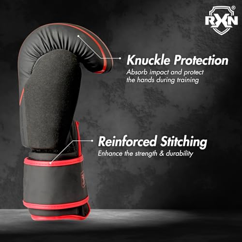 Image of RXN R1 Boxing Gloves with Microfiber Thumb, Premium, High-Performance & Durable for Men, Women & Kids, Training, Kickboxing, Taekwondo, MMA, Muay Thai & Martial Arts (Black /Red, 14oz)