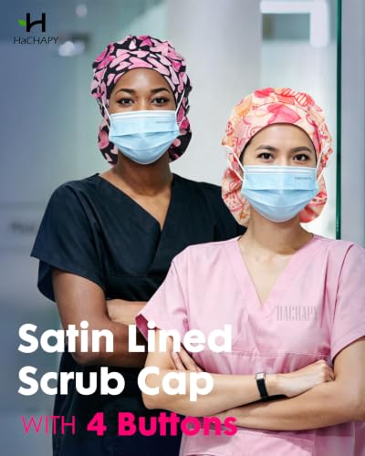 Image of Satin Lined Scrub Cap for Women Extra Large Long Hair Surgical Nurse Cap 4 Buttons