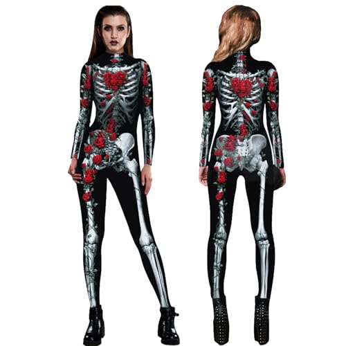 Tyafzzn Halloween Kostüm Damen Skelett, Skelett Jumpsuit Damen, Kostüm für Erwachsene & Verkleidung für Partys, Karneval & Halloween(Schwarz) M...
