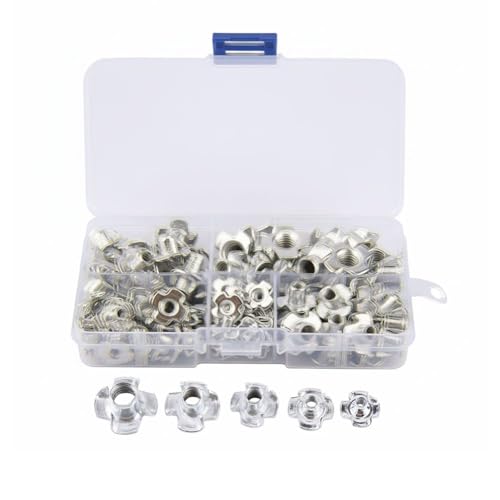MOPFOL Carbon Steel T-Nuts 90 Pcs M3/M4/M5/M6/M8 – Four-Pronged Threaded Inserts for Wood Furniture