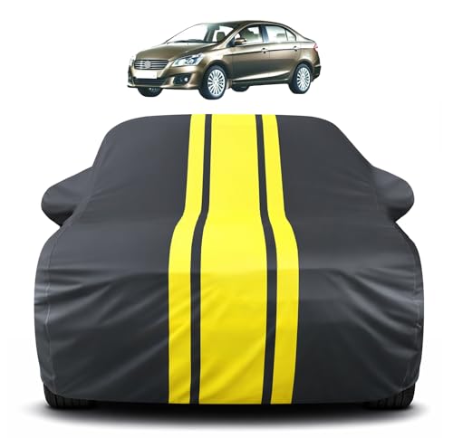 Image of Auto Hub Car Cover Compatible with Maruti Ciaz with Mirror Pocket, Soft Cotton Lining, Ciaz Car Cover Waterproof - Yellow-Black
