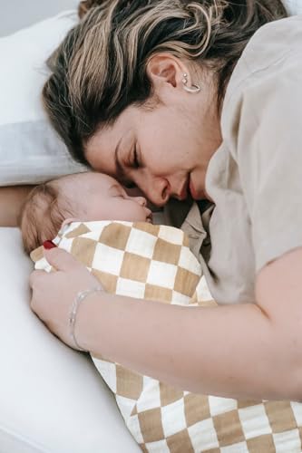 Image of Little Jump Muslin Swaddle Blanket Baby - 40 inch x 47 inch Large Cotton Swaddling Blanket Soft Neutral 3 Pack (Coffee Checkered & Khaki & Teddy Bear)