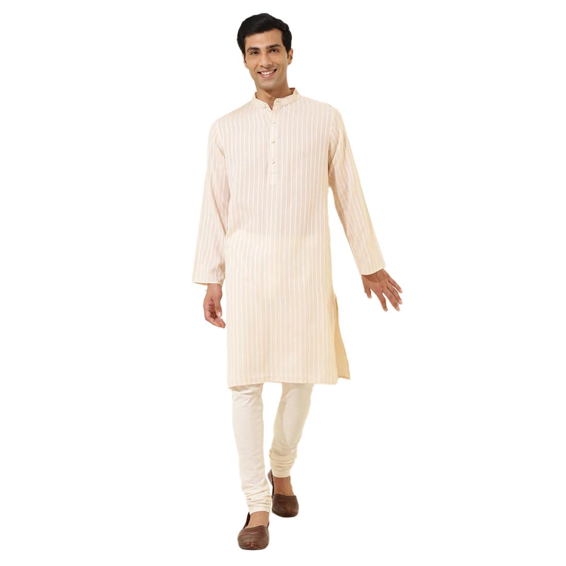 fabindia Men Cotton Beige Striped Chinese Collar Comfort Fit Kurta-picture-28