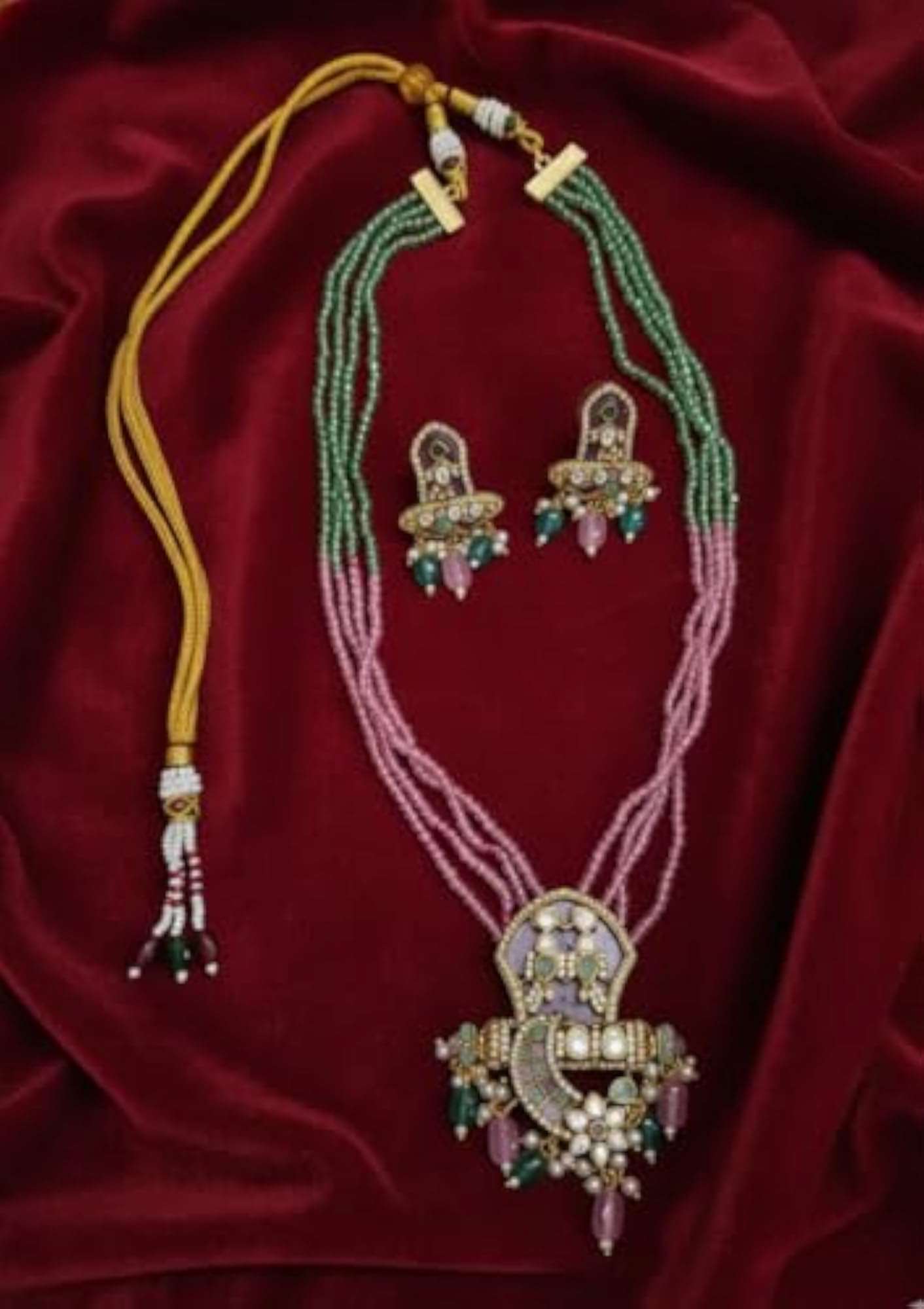 Flower Pendant Necklace Set with Beads & Pearl Chain